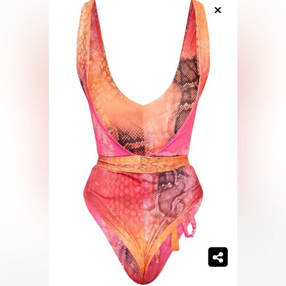 PrettyLittleThing One Piece Swimsuit Monokini Pink Orange Bright Snake Animal - Picture 14 of 14